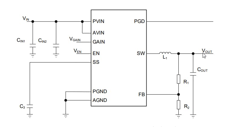 Application Circuit Diagram - ROHM Semiconductor BD9S402MUF-C Single Synch Buck DC/DC Converter